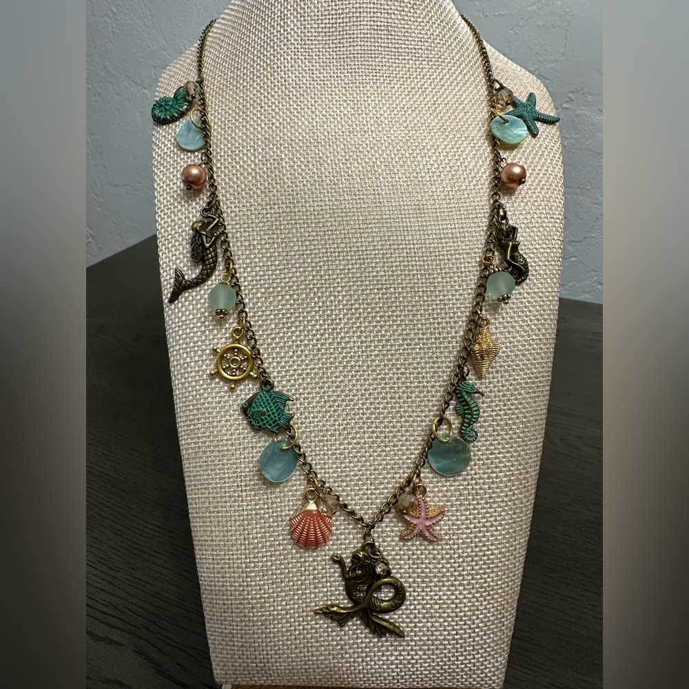Mermaid Charm Necklace with Gold and Green Accents